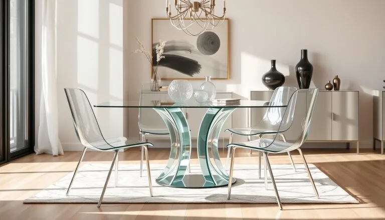 Glass dining chairs and tables