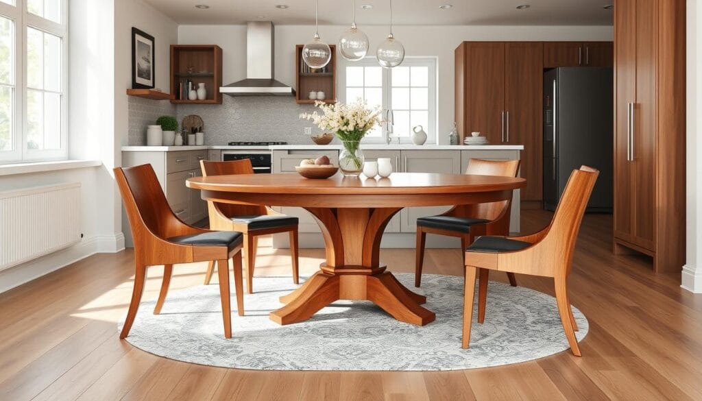 Round extendable wood dining table