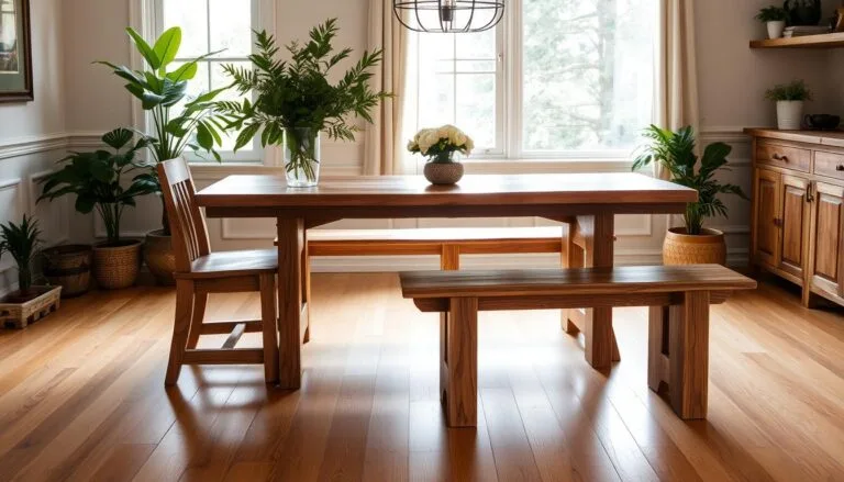 Wood dining table with bench