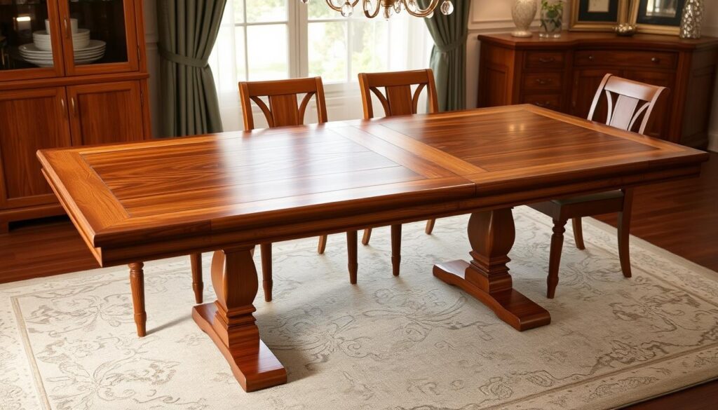extendable wooden dining table with 2 leaves