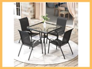 Arlopu 5-Pc Dining, Square Glass Table + 4 Chairs, Black