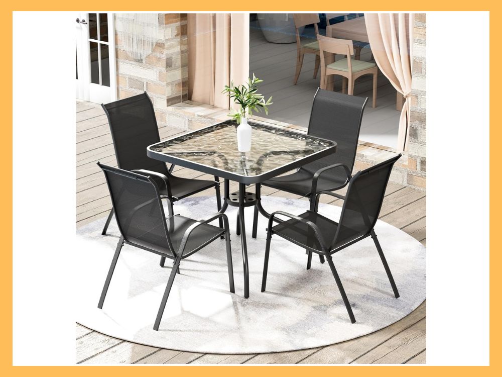 Arlopu 5-Pc Dining, Square Glass Table + 4 Chairs, Black
