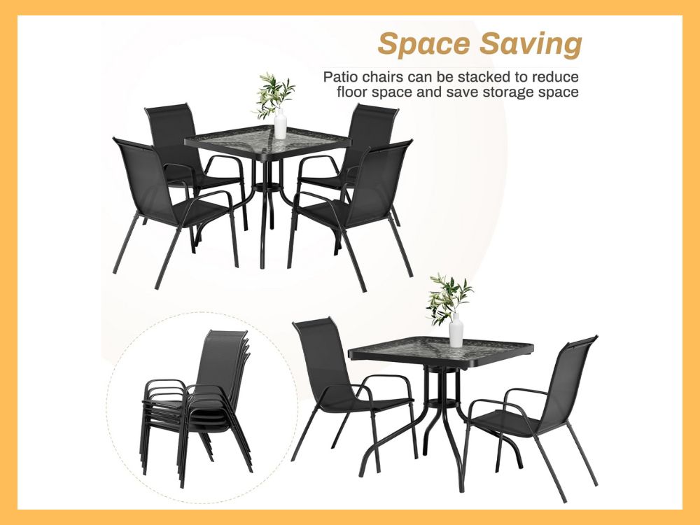 Arlopu 5-Pc Dining, Square Glass Table + 4 Chairs, Black
