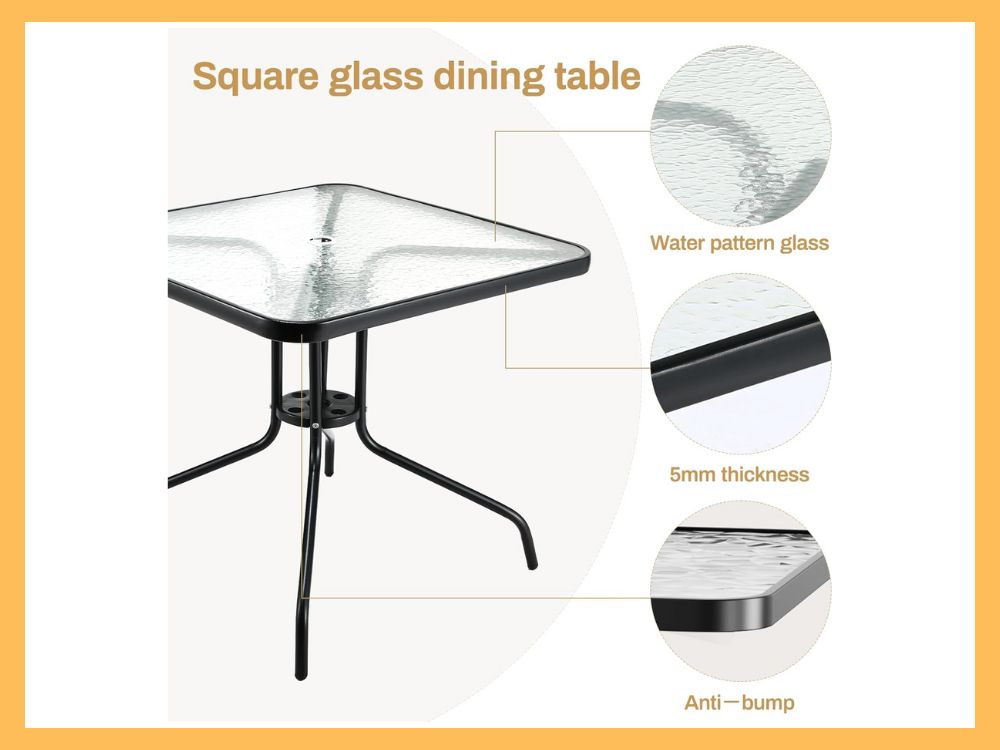 Arlopu 5-Pc Dining, Square Glass Table + 4 Chairs, Black