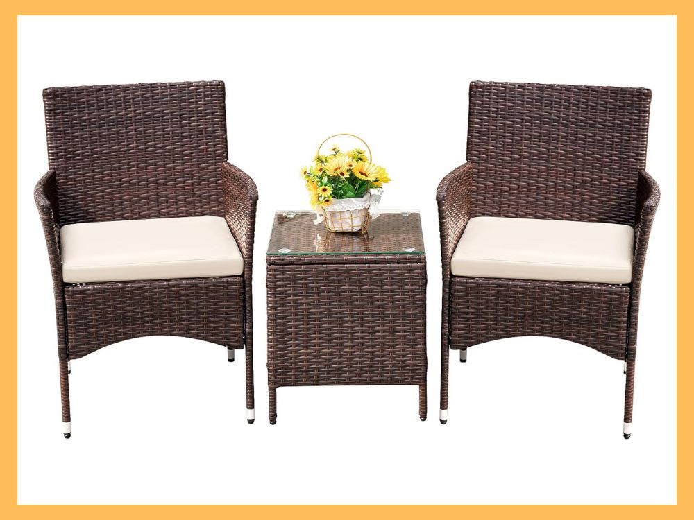 Devoko 3-Pc PE Rattan Conversation Set, BrownBeige