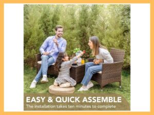 Devoko 3-Pc PE Rattan Conversation Set, BrownBeige