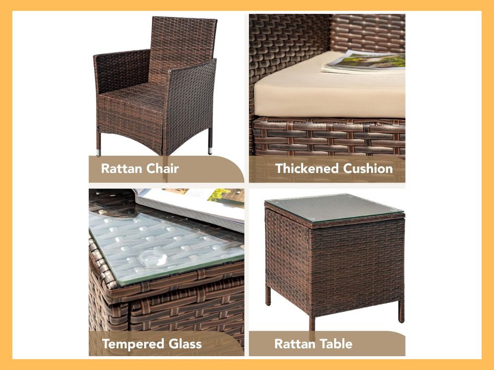 Devoko 3-Pc PE Rattan Conversation Set, BrownBeige