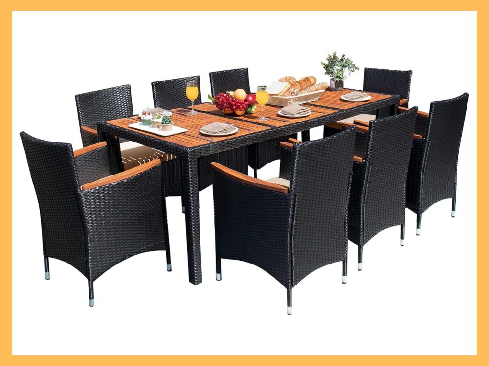 Devoko 9-Pc Wicker Dining, Acacia Top, Wide Arms, Black