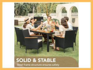 Devoko 9-Pc Wicker Dining, Acacia Top, Wide Arms, Black