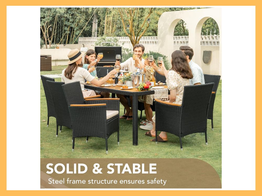 Devoko 9-Pc Wicker Dining, Acacia Top, Wide Arms, Black