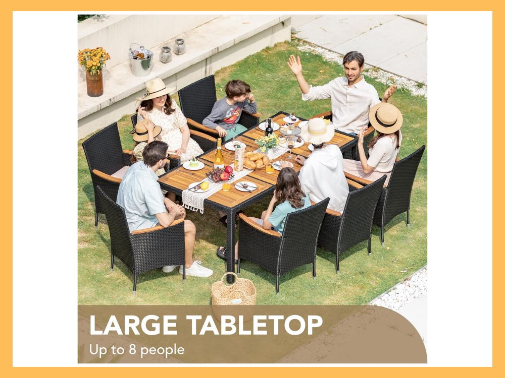 Devoko 9-Pc Wicker Dining, Acacia Top, Wide Arms, Black