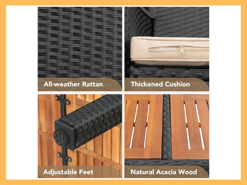 Devoko 9-Pc Wicker Dining, Acacia Top, Wide Arms, Black