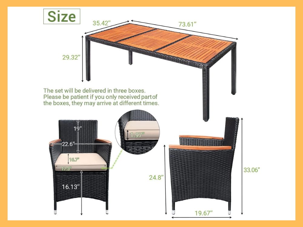 Devoko 9-Pc Wicker Dining, Acacia Top, Wide Arms, Black