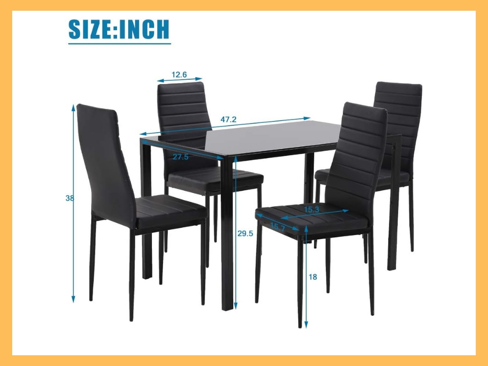 FDW 5-Piece Black Glass Dining Table Set with 4 Chairs