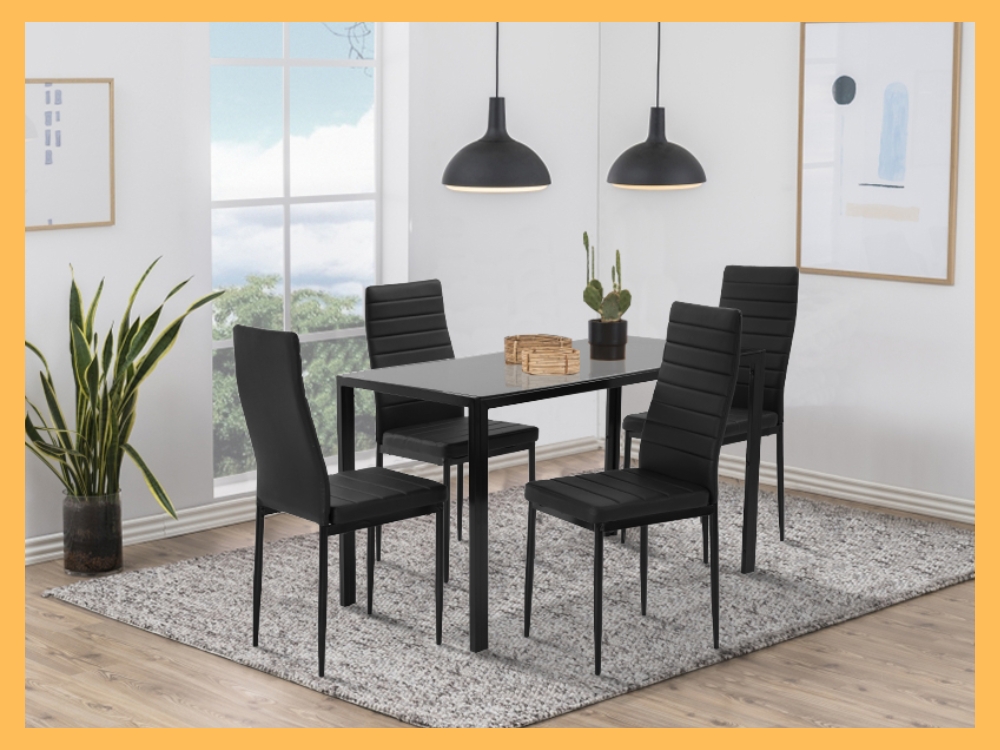 FDW 5-Piece Black Glass Dining Table Set with 4 Chairs