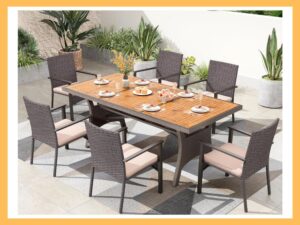 PHI VILLA 7-Pc Dining, 74.8 Acacia Table + Wicker