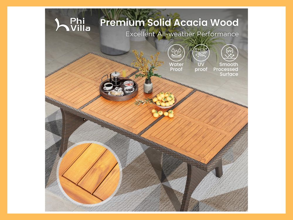 PHI VILLA 7-Pc Dining, 74.8 Acacia Table + Wicker