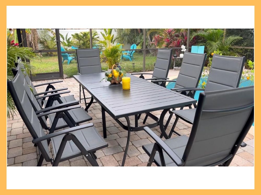 PURPLE LEAF 8-Seat Dining, Aluminum Table + Padded Chairs