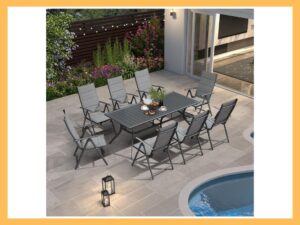 PURPLE LEAF 8-Seat Dining, Aluminum Table + Padded Chairs