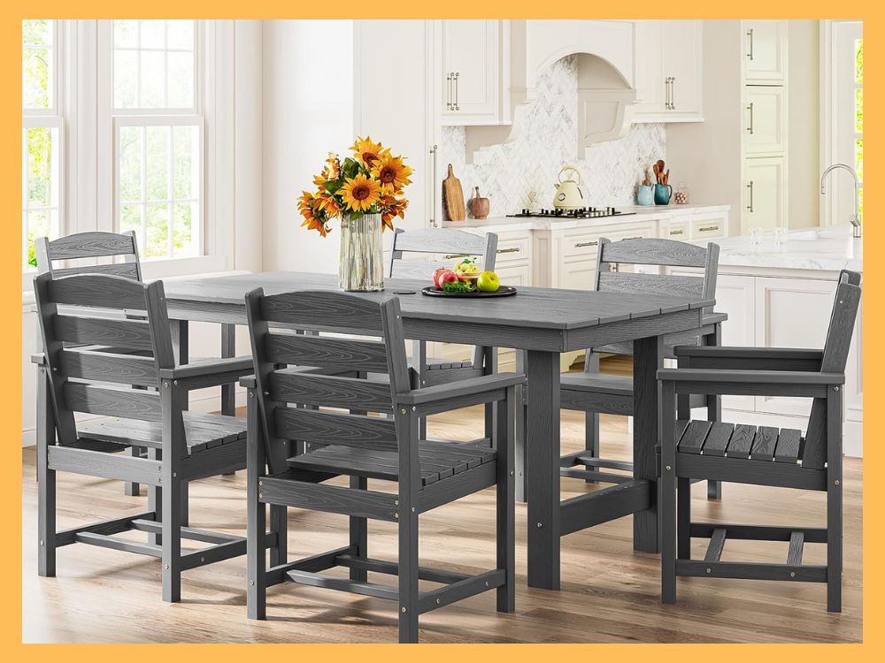 SERWALL 7-Piece Gray HDPE Outdoor Dining Table Set