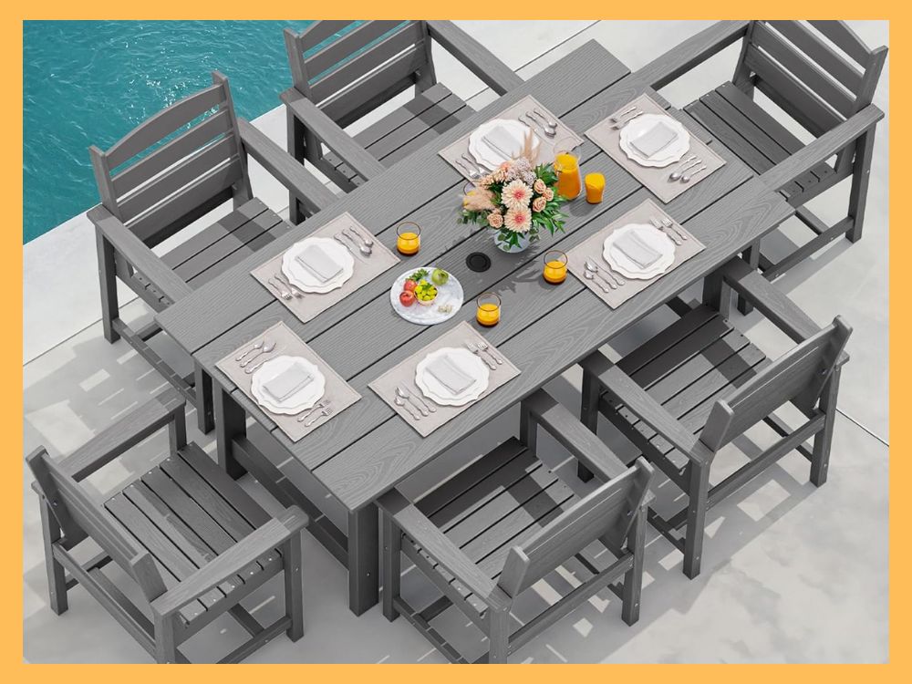 SERWALL 7-Piece Gray HDPE Outdoor Dining Table Set