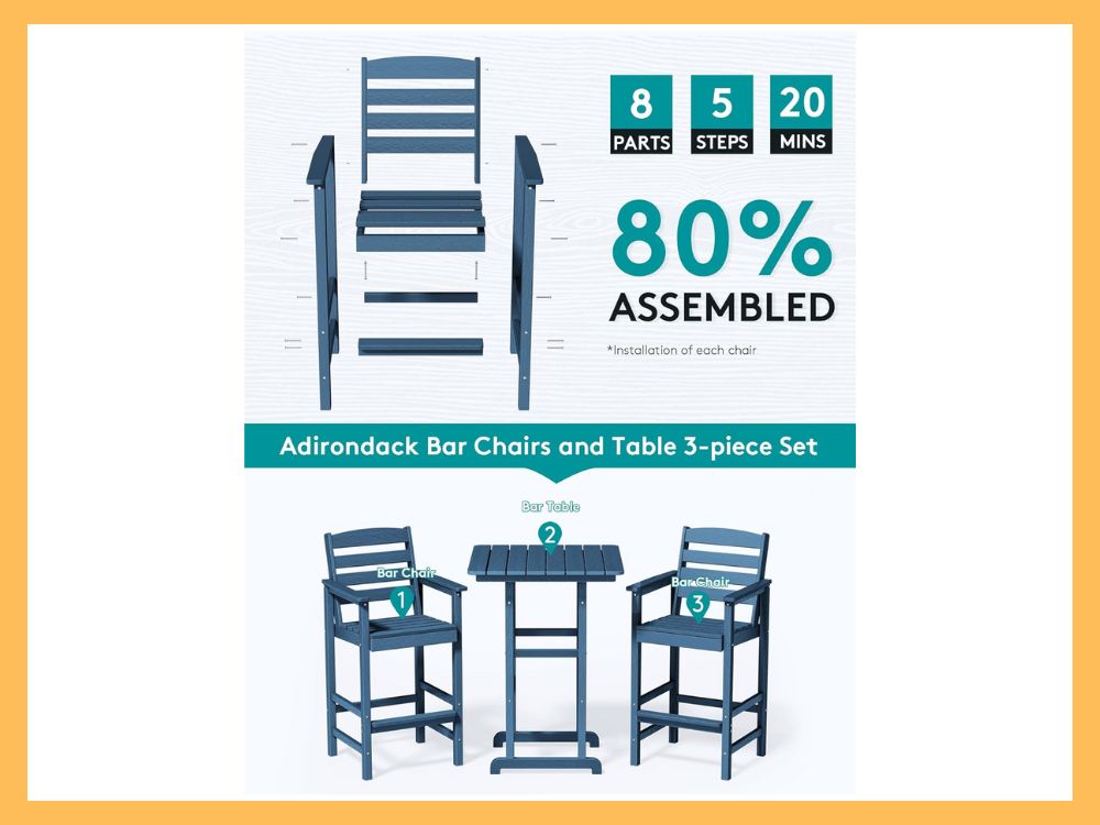 SERWALL Balcony Adirondack 3-Pc Bar Set, Blue