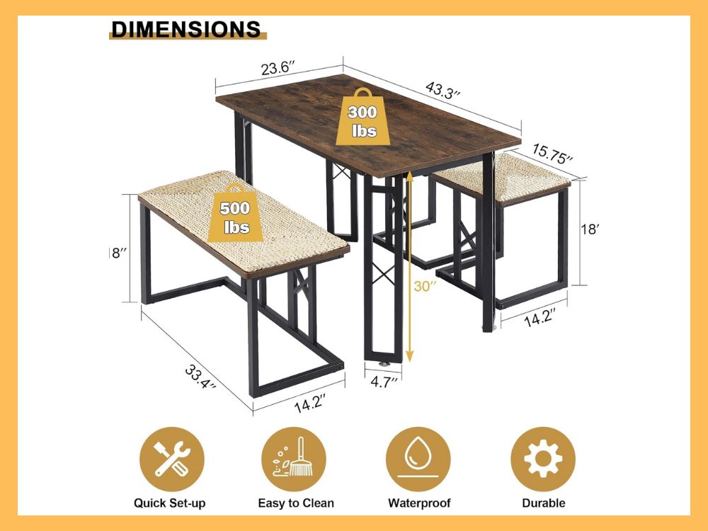 VECELO 43.3 Farmhouse Dining Set with 3 Benches