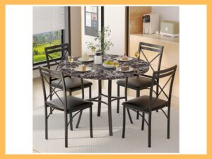 VECELO 5-Pc Round Faux Marble Dining Set