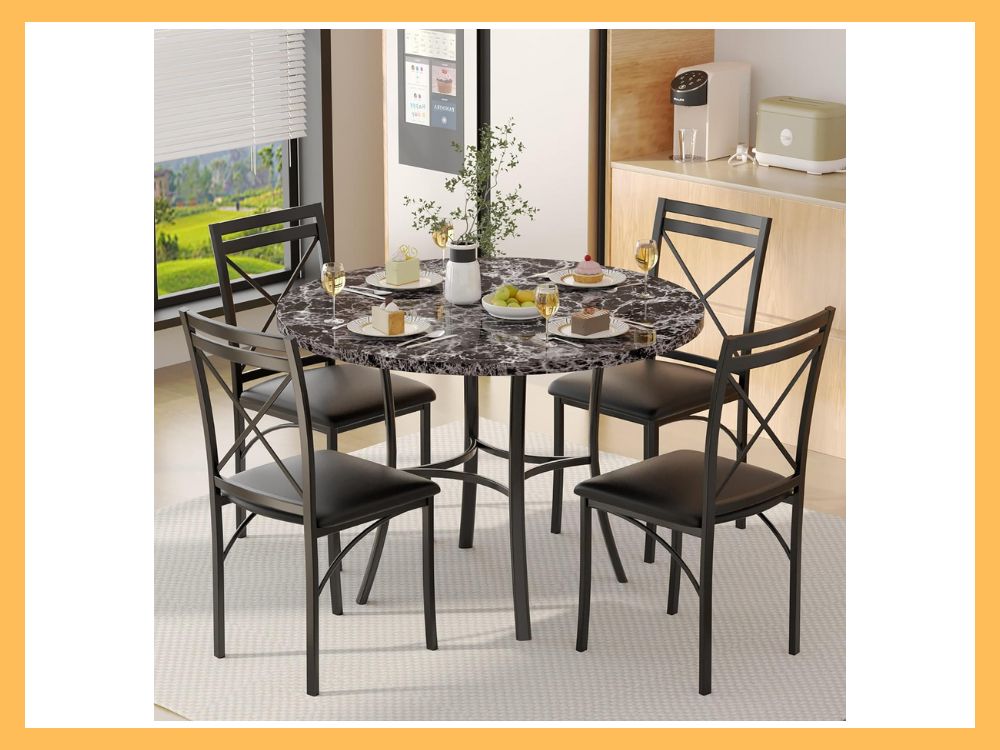 VECELO 5-Pc Round Faux Marble Dining Set