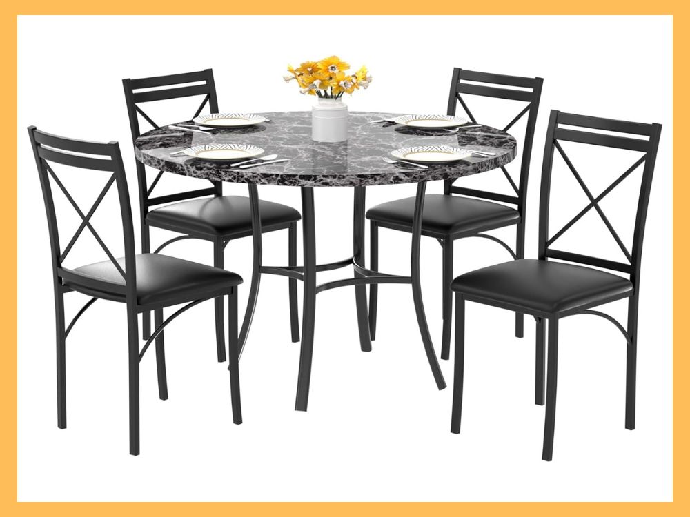 VECELO 5-Pc Round Faux Marble Dining Set