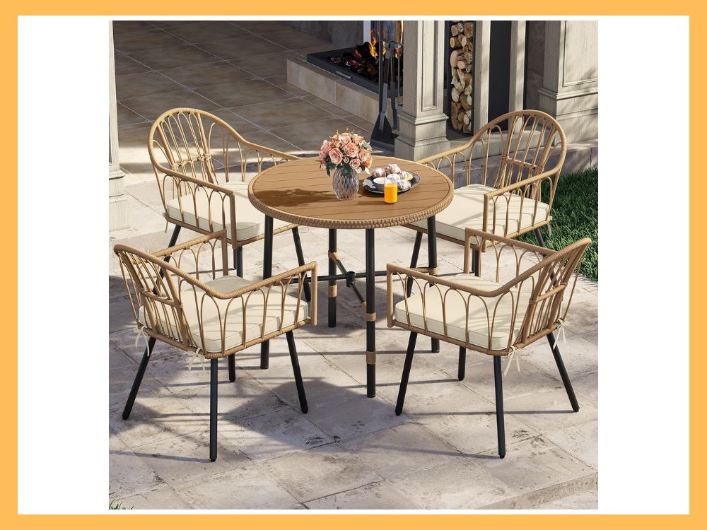 YITAHOME 5-Pc Wicker Round Dining w Umbrella, Beige